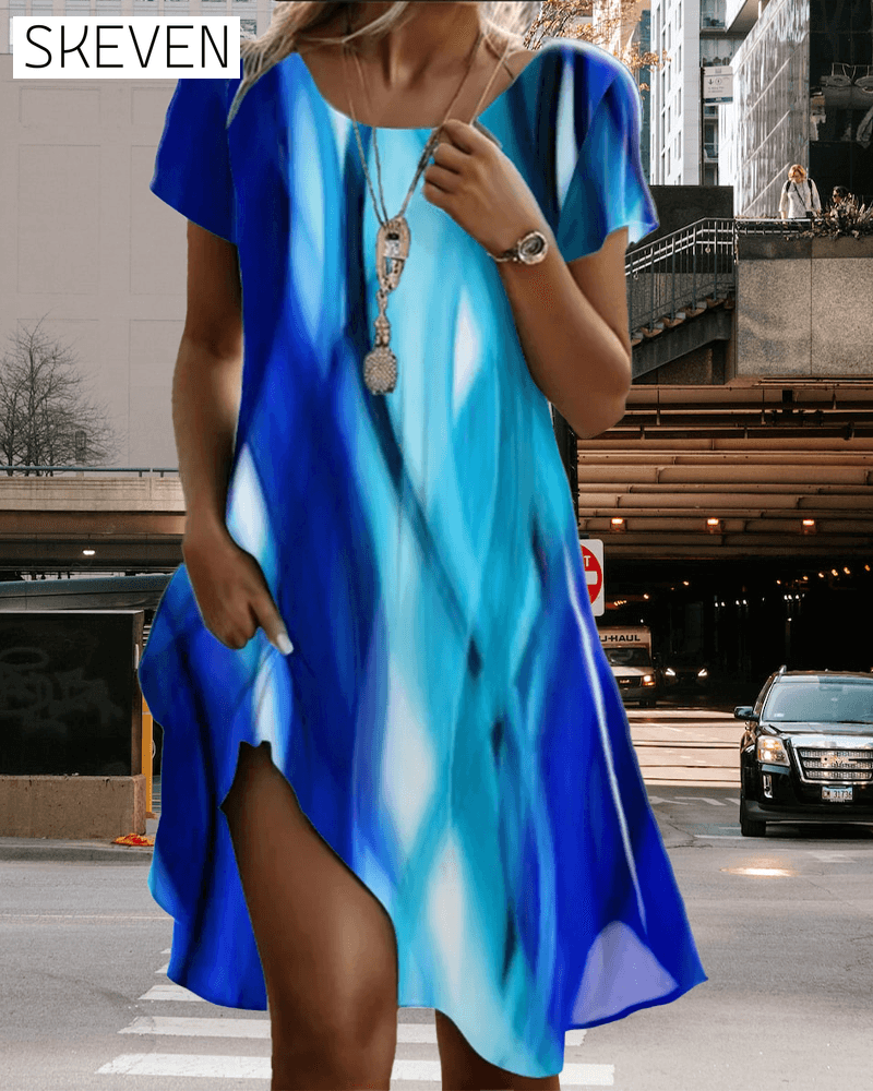 Puffärmel-Kleid mit Batikmuster und Rundhalsausschnitt