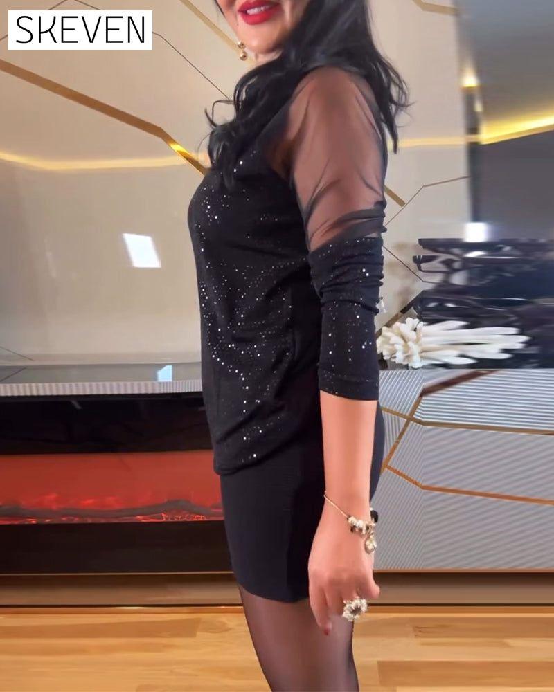 Sexy Paillettenoberteil mit V-Ausschnitt aus Mesh und Unifarbe