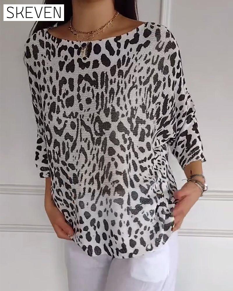 Three-Quarter Sleeve Leopard Print Loose Sweater