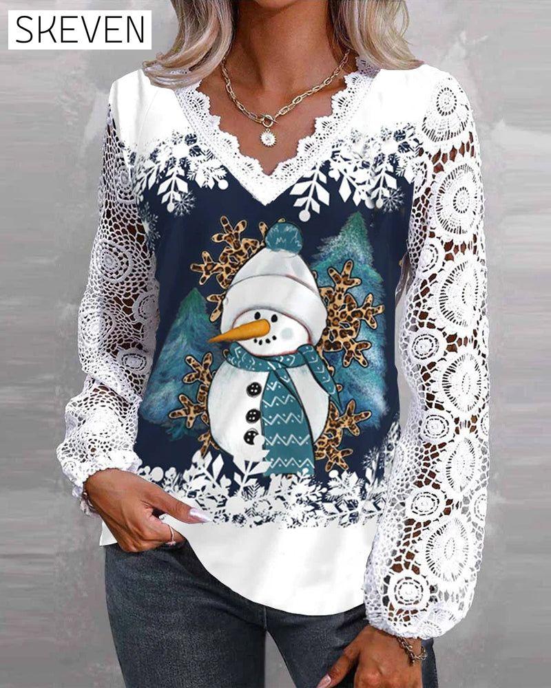 Langarmbluse mit Schneemannmotiv aus Spitze