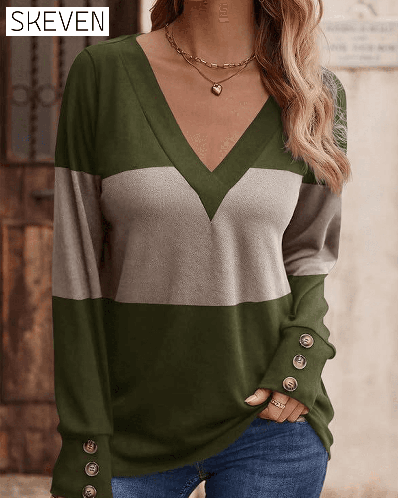 Women's Colorblock Print Button Decor Drop Shoulder Tee