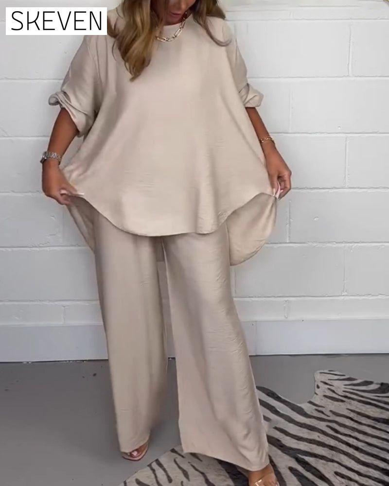 Solid color round neck short-sleeved T-shirt and trousers suit summer two-piece sets