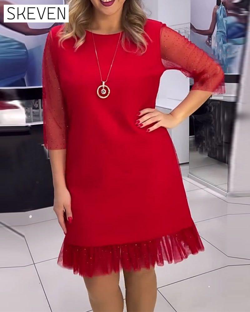 Solid color mesh stitching sequin dress