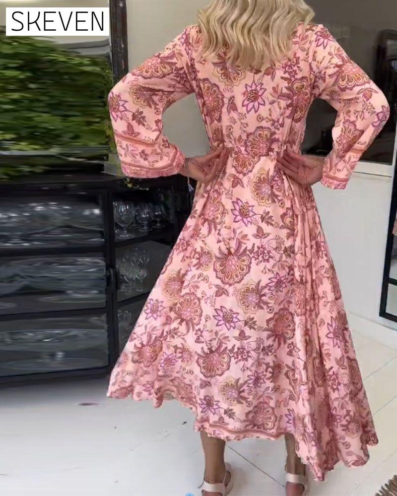 Elegantes bedrucktes Kleid mit V-Ausschnitt, Knopfleiste und Kordelzug