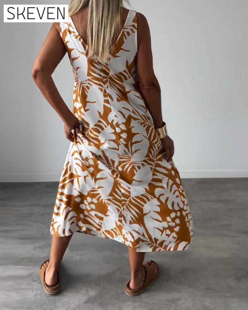Leaf print casual sleeveless dress