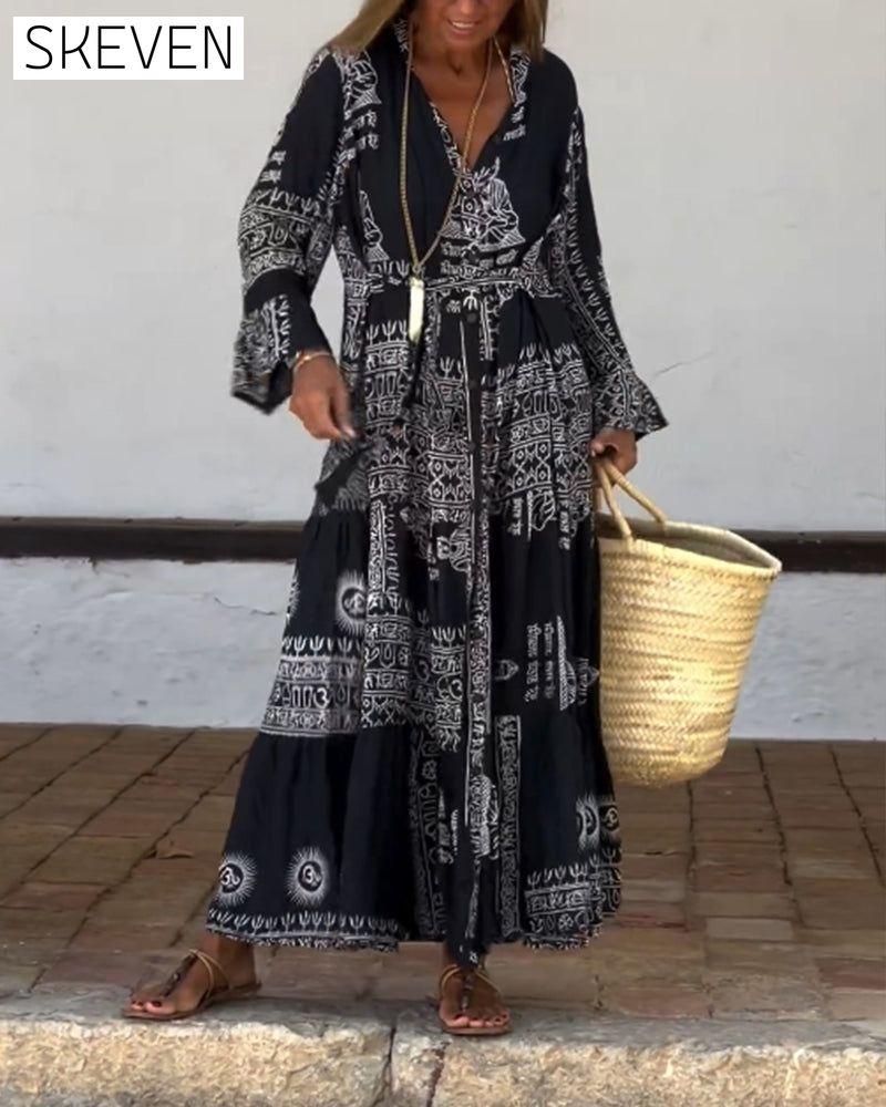 Retro contrast print long sleeve casual dress casual dresses spring summer vacation dresses
