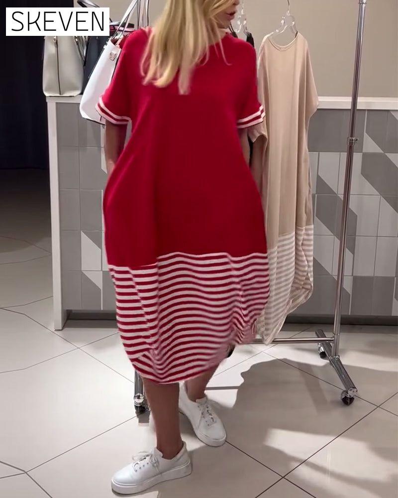 Contrast Stripe Short Sleeve Casual Dress