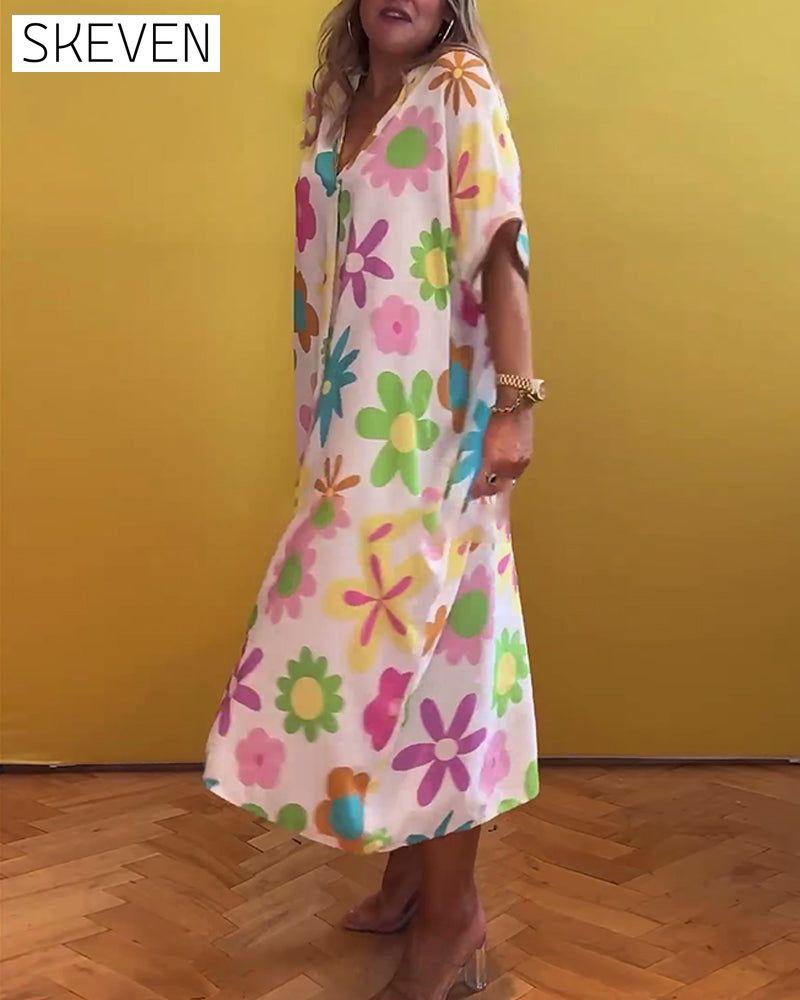 Loose V-neck floral print dress