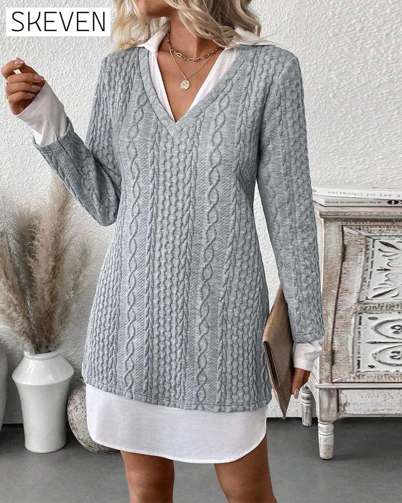 Hemdkragen-Täuschungs-Zweiteiler-Strickkleid