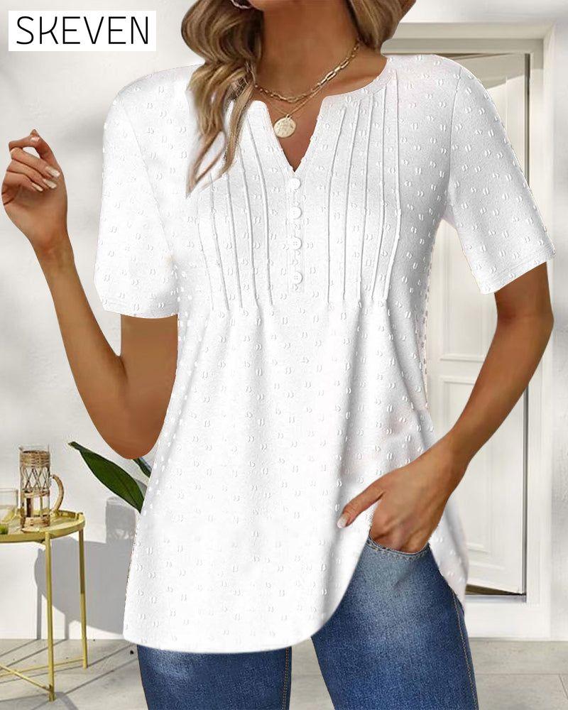 Simple solid color jacquard V-neck short-sleeved top