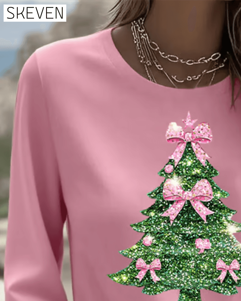 Three-Quarter Sleeve Christmas Print Top