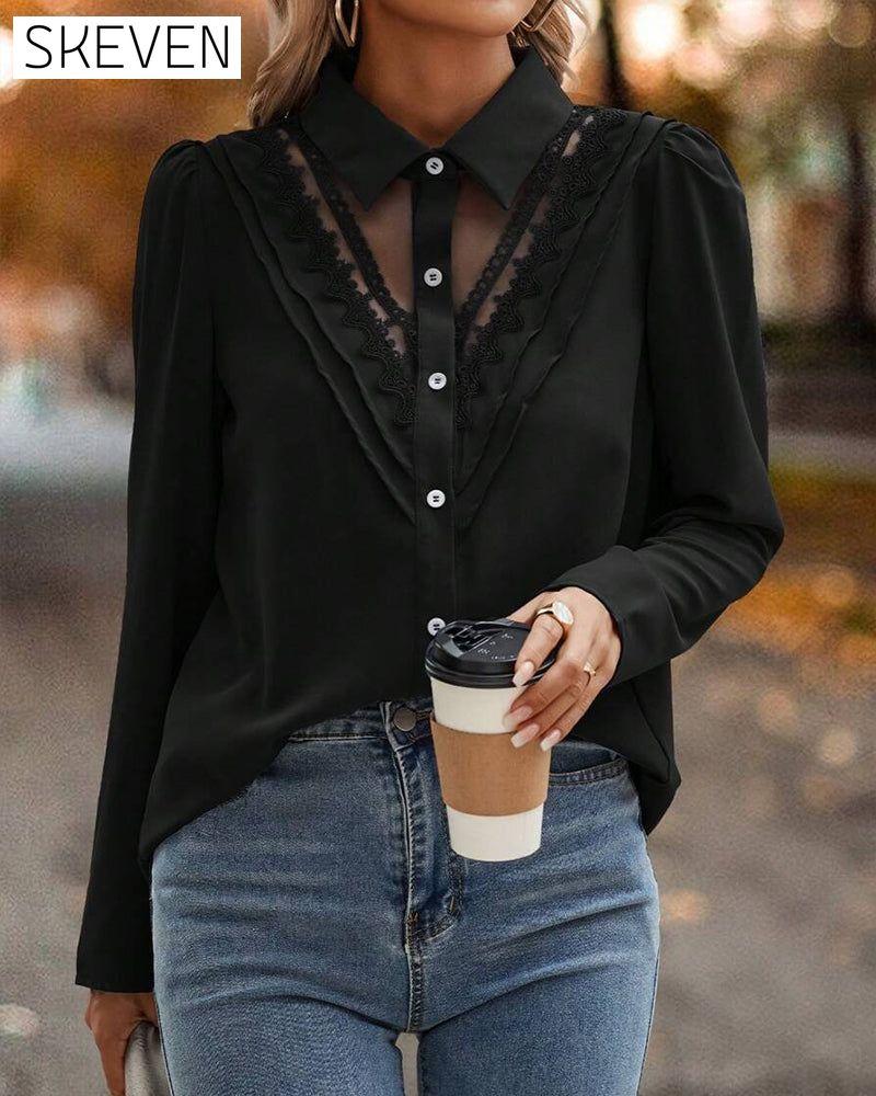 Puff Sleeve Lace Patchwork Blouse