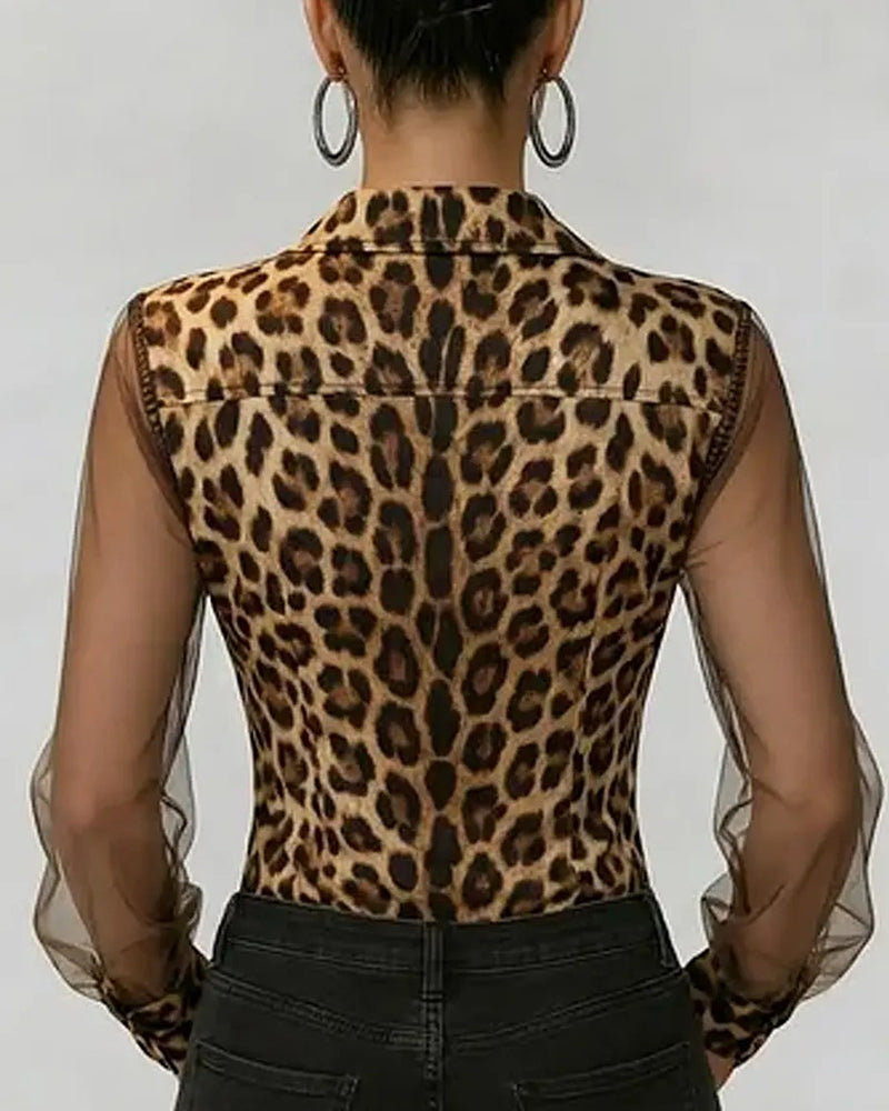 Leopard Print Mesh Sheer Sleeve Blouse