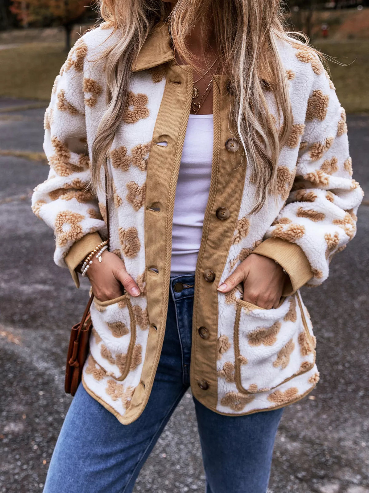 Flower Pattern Button Up Fleece Jacket