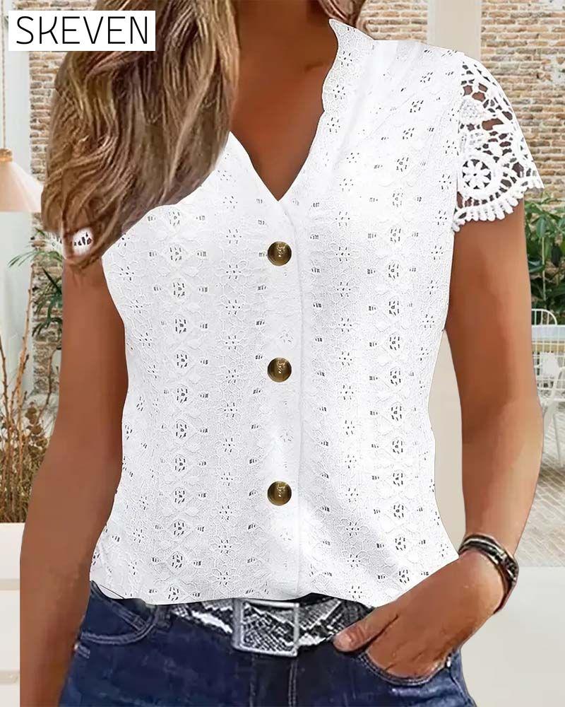 Solid Color Hollow Short-Sleeved Blouse