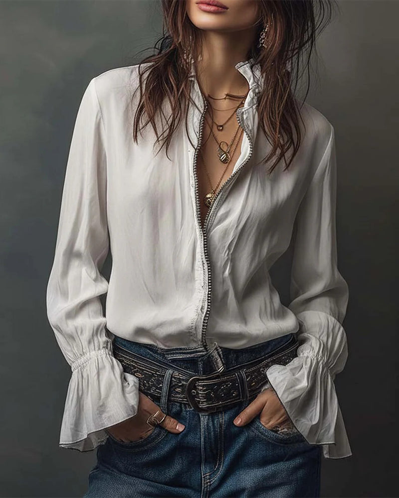 Stand-Collar Bell Sleeve Blouse