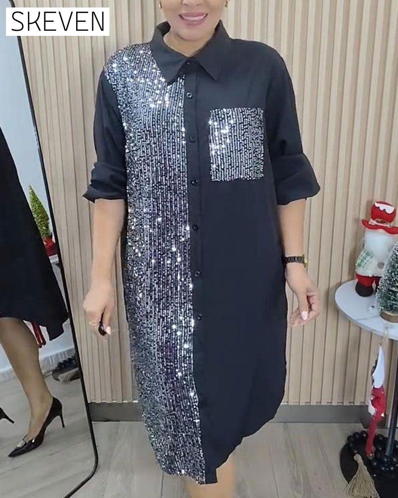Sequin Lapel Shirt Dress