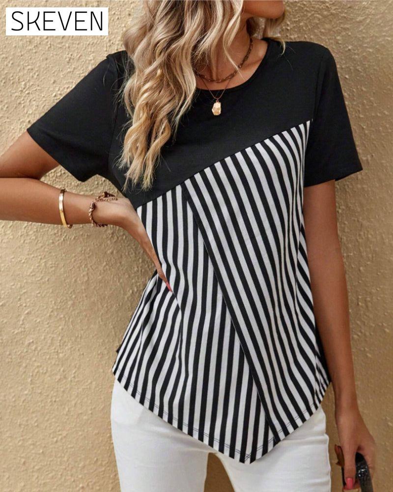 Rundhalsbluse mit Farbblockstreifen