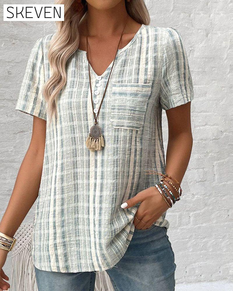 Casual V Neck Striped Plaid T-Shirt