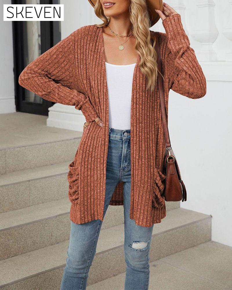Casual solid color pocket long sleeve cardigan
