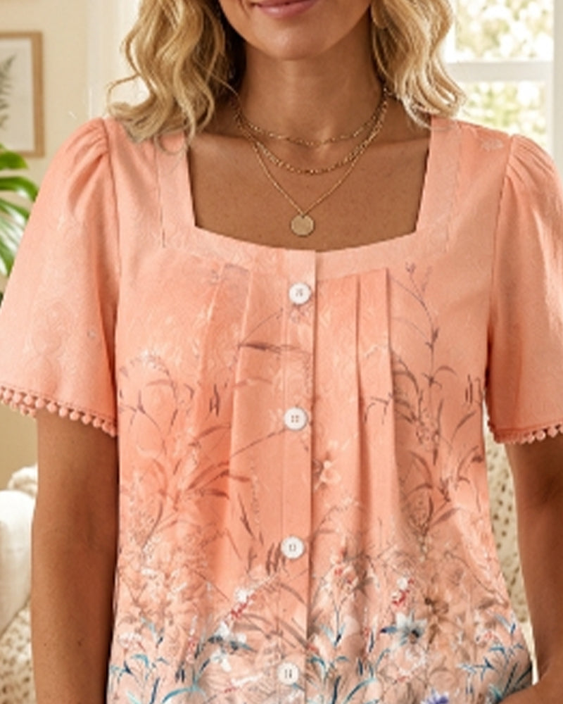 Square Neck Ruched Print Fringe Blouse