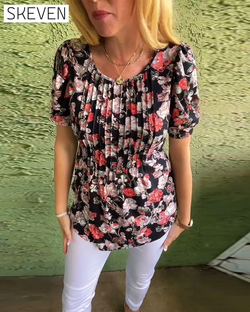 Round Neck Puff Sleeve Pleated Floral Blouse