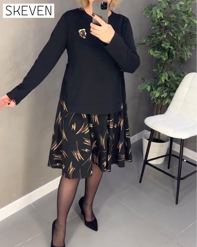 Casual Loose Print Dress with Round Neck