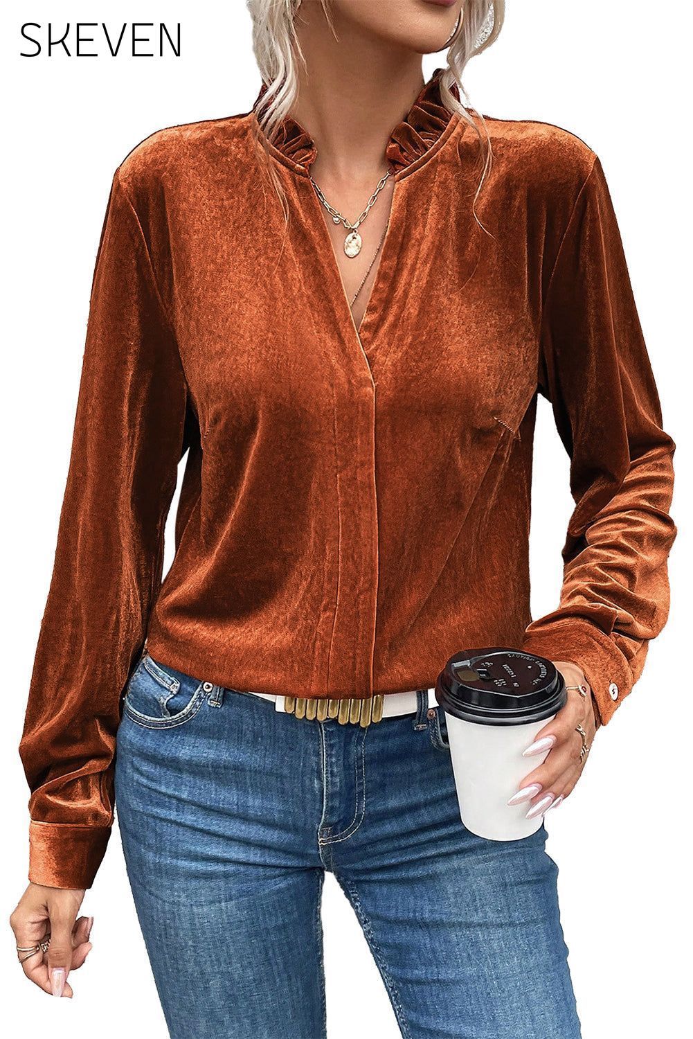 Gold Flame Frilled Collar Velvet Shirt All In Stock clothes Color Orange Fabric Velvet long sleeve shirt long sleeve shirts long sleeve top long sleeve tops Print Solid Color Season Winter shirt shirts Style Southern Belle top tops Tops/Blouses