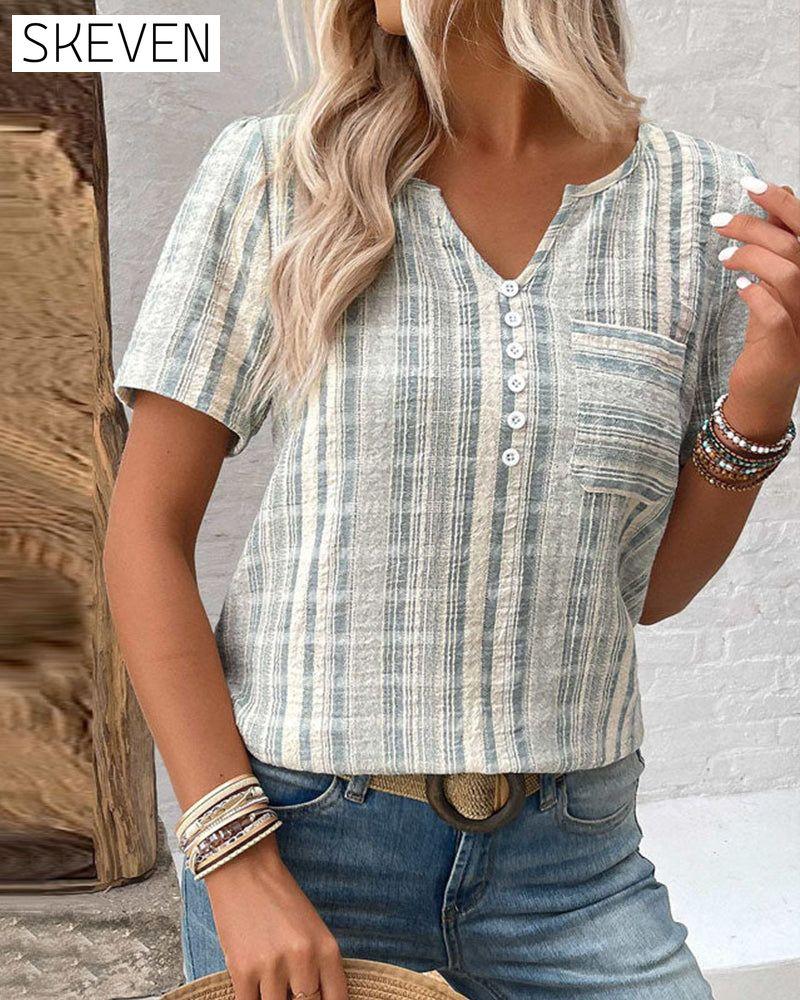Casual V Neck Striped Plaid T-Shirt