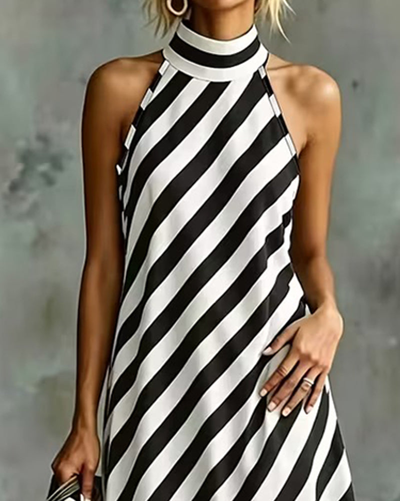 Sleeveless Mock Neck Striped Dress