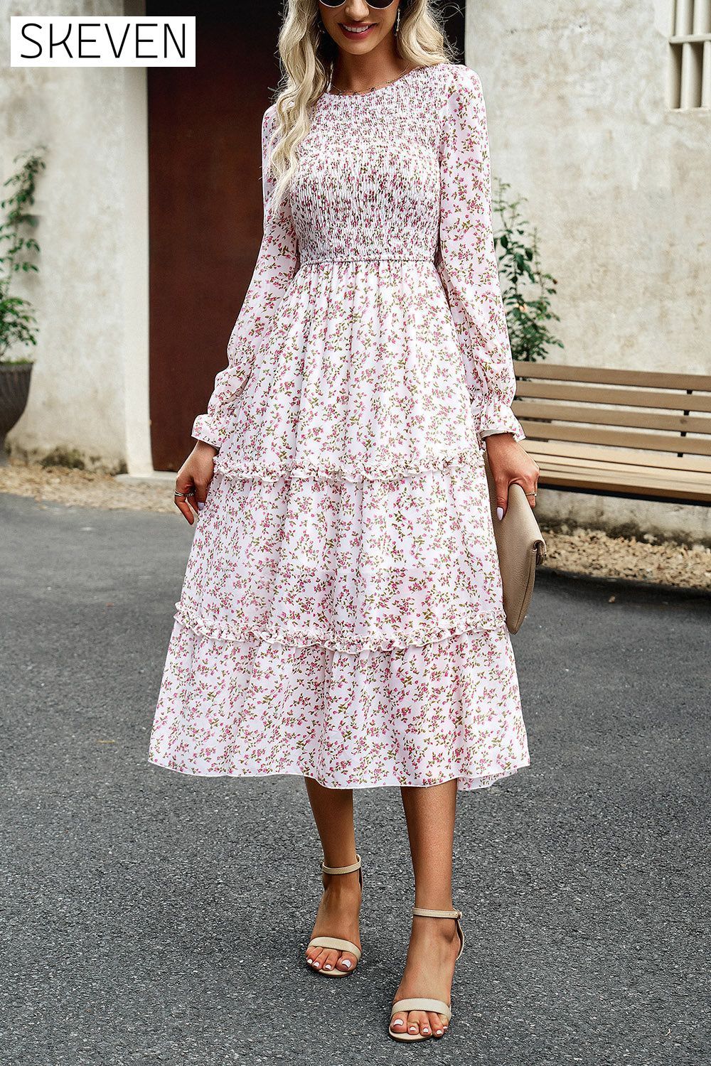 Smocked Flounce Sleeve Midi Dress clothes DY Ship From Overseas trendsi
