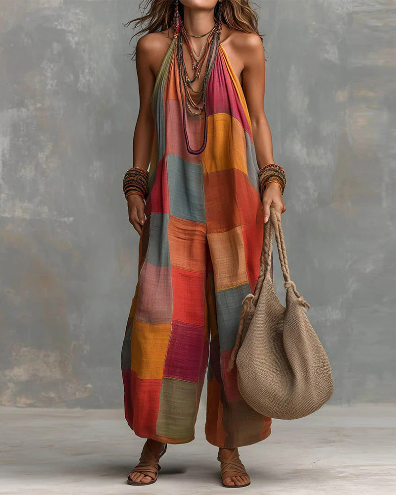 Color-block Halter Neck Wide-leg Jumpsuit