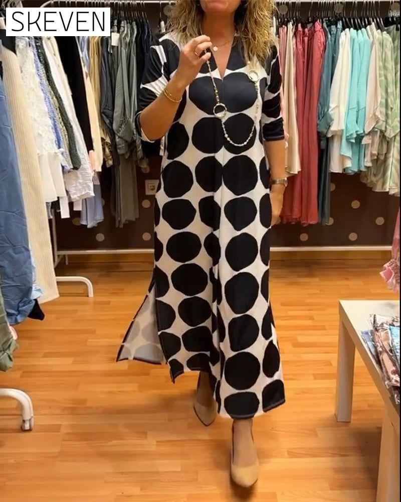 V-neck large polka dot slit long dress