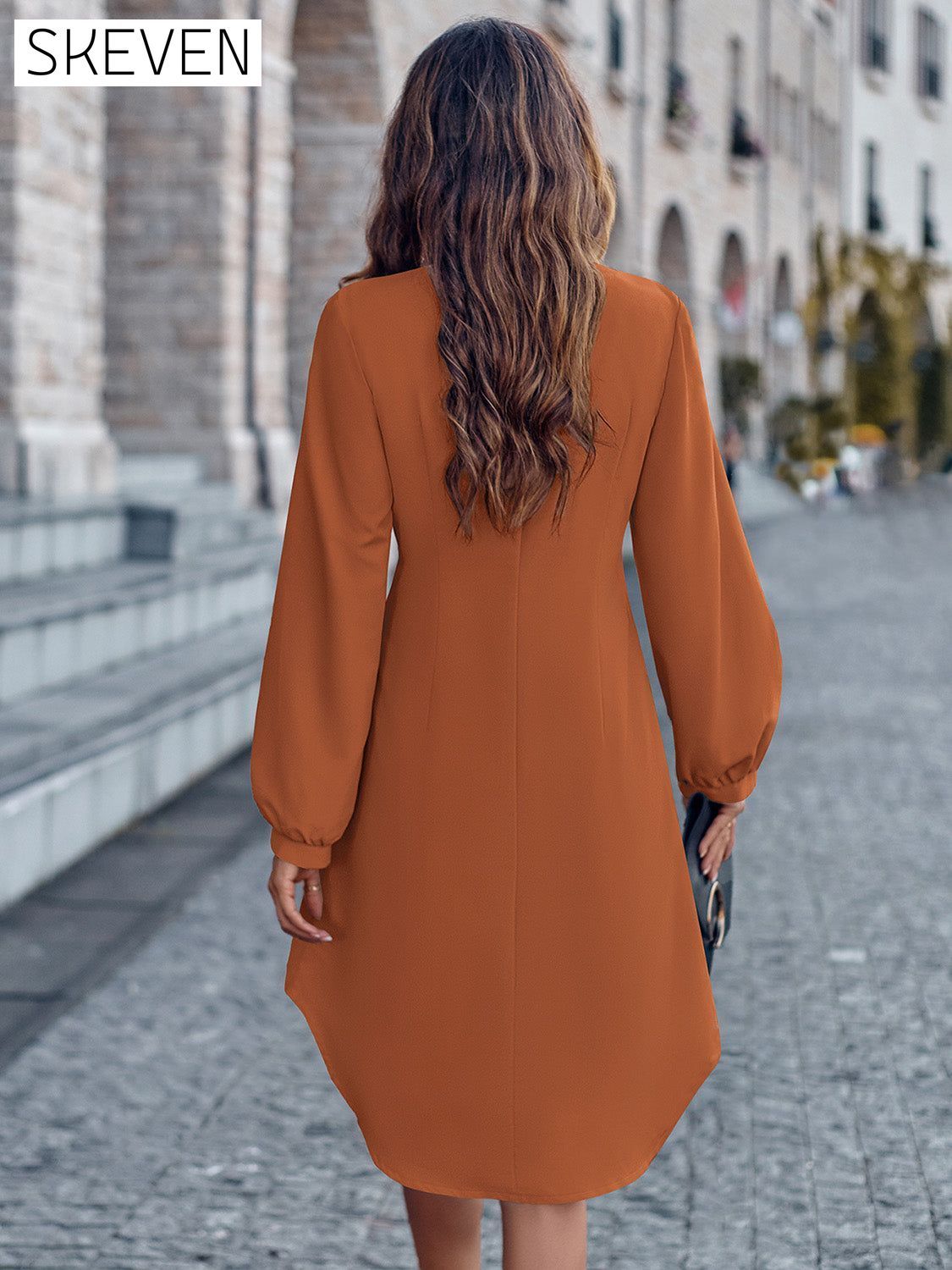 Notched Neck Long Sleeve Dress casual dresses clothes dress dresses long sleeve dress long sleeve dresses S.N Ship From Overseas short dresses trend