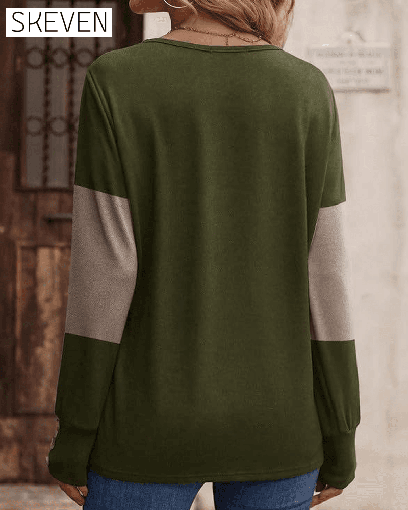 Women's Colorblock Print Button Decor Drop Shoulder Tee