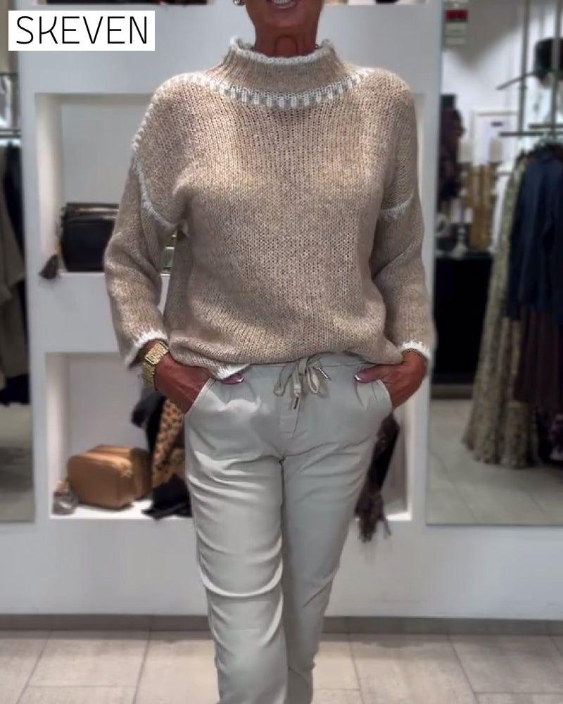 High-Neck Contrasting Color Versatile Pullover