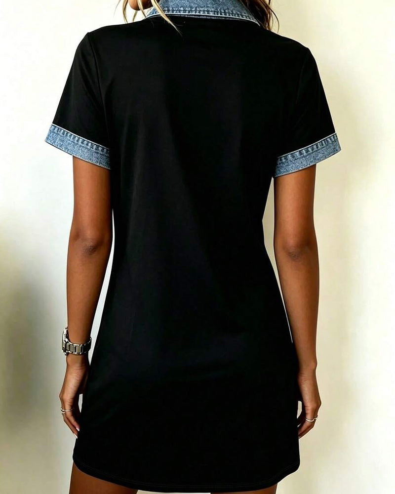 Denim Paneled Color Block Straight Dress