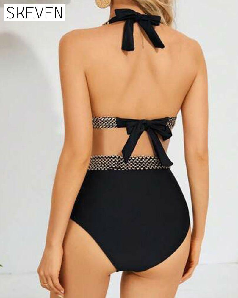 Halterneck paneled tankini swimsuit