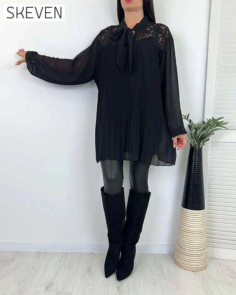 Solid Color Ribbon Pleated Loose Blouse