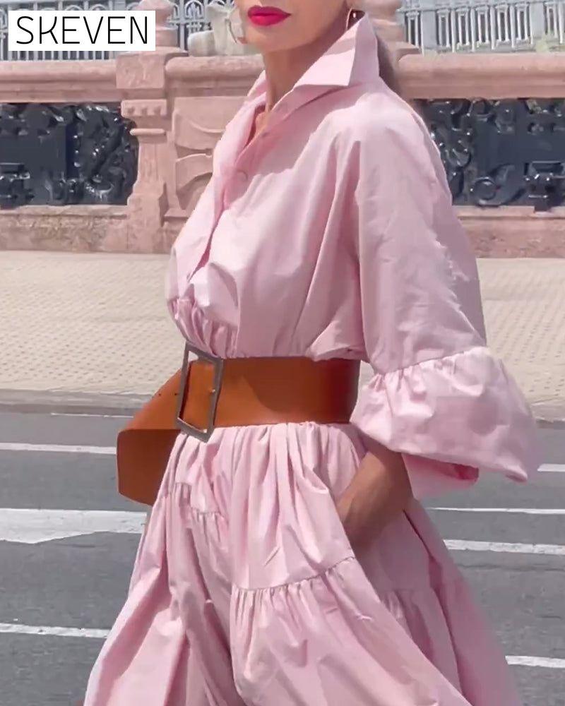 Solid color lapel wide swing dress 202466 casual dresses spring summer