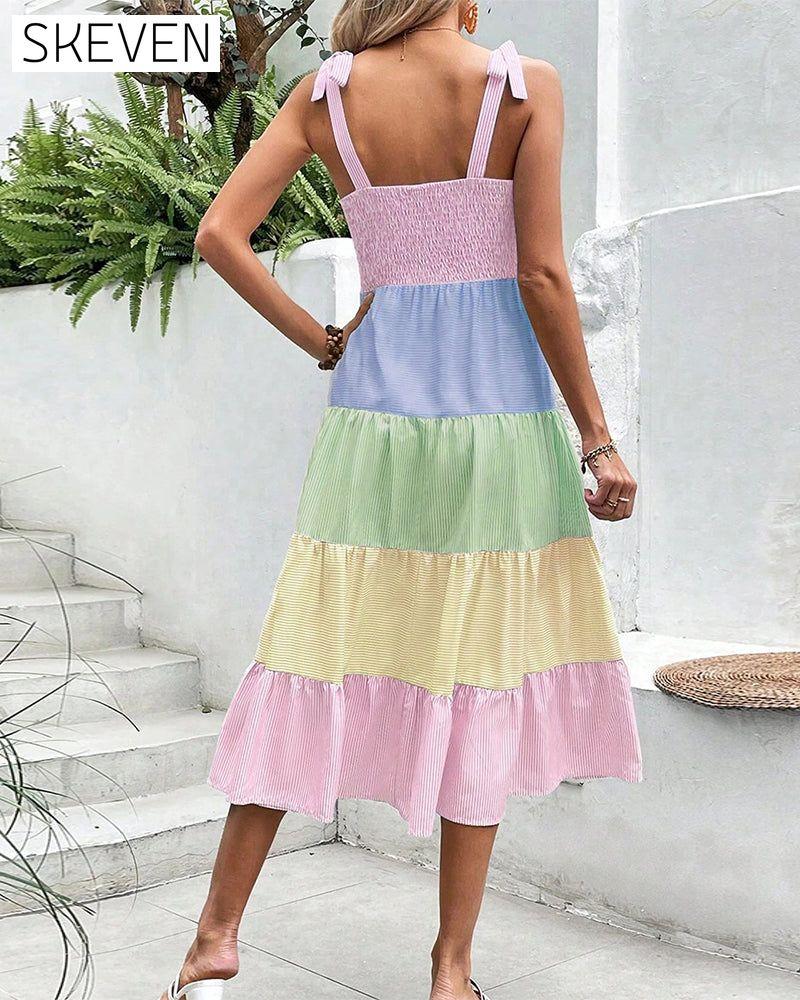 Contrast color patchwork suspender dress