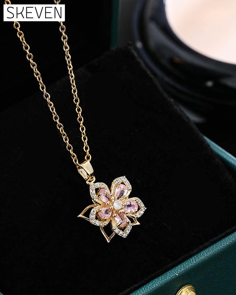 Five-petal flower 360° rotating pendant necklace
