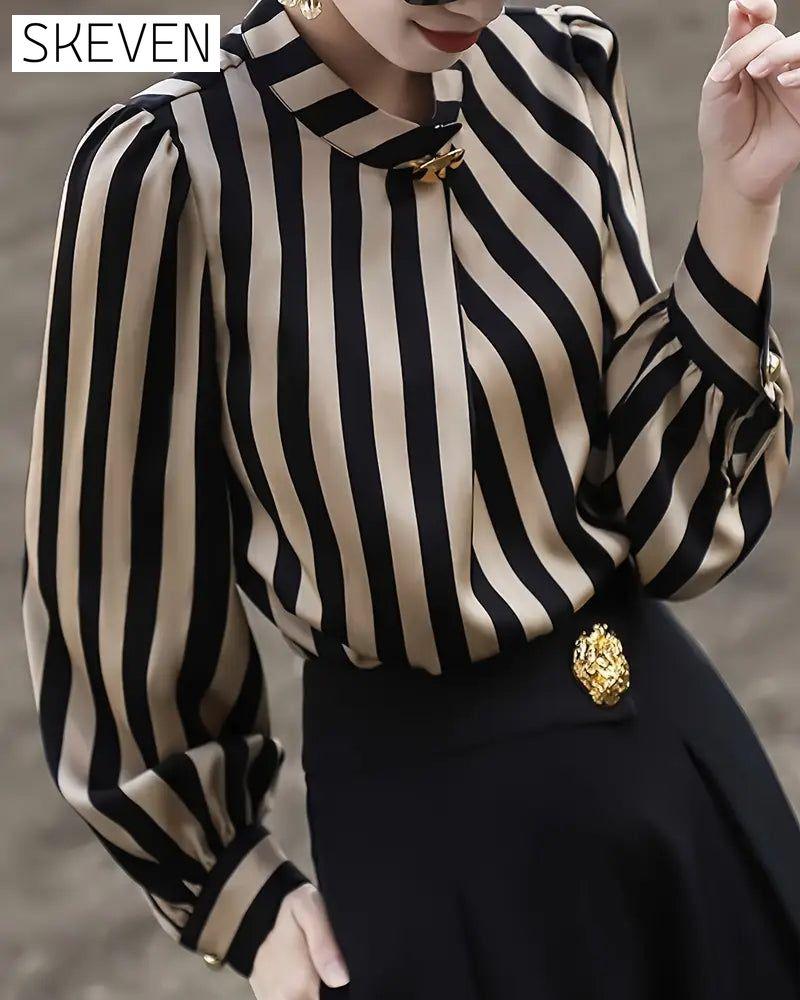 Drape Stand Collar Striped Blouse