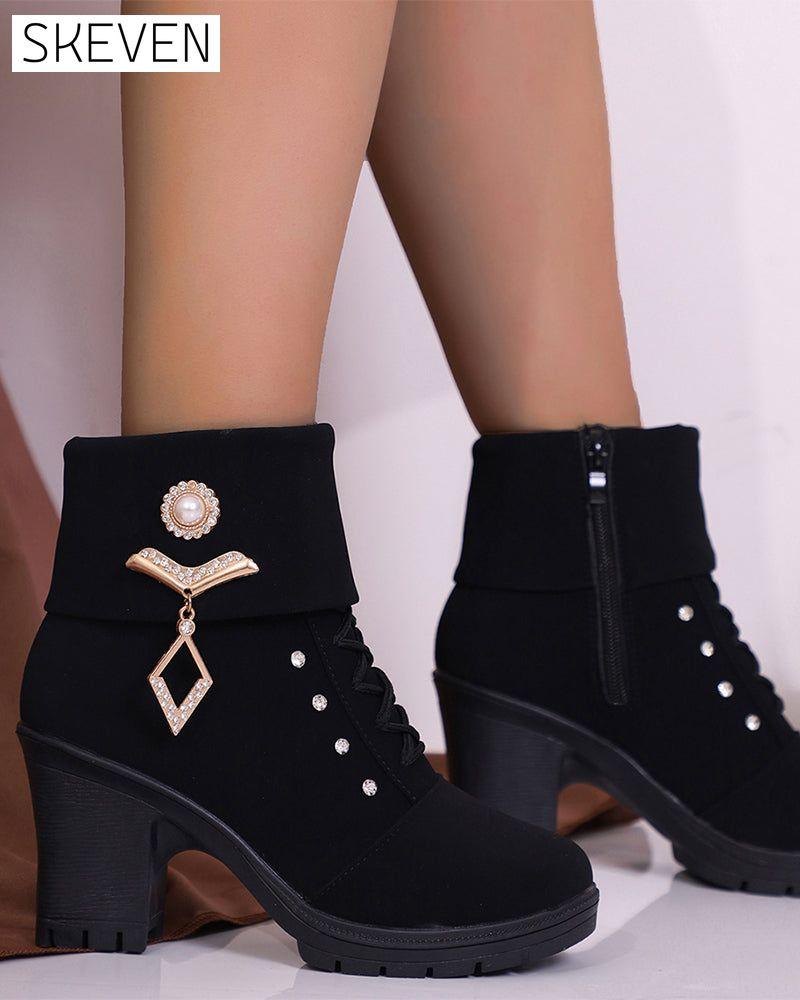 Women's Chunky Heeled Ankle Boots with Rhinestone Decor