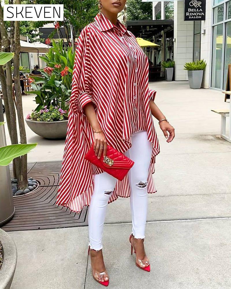 Stripe print irregular button lapel shirt 202466 blouses & shirts spring summer