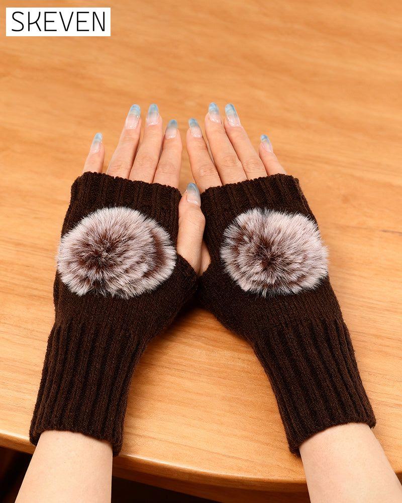 Warm Half-Fingerless Knitted Ball Gloves