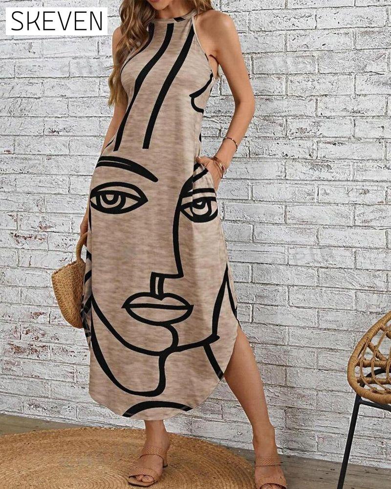 Ärmelloses, elegantes Kleid mit Gesichtsdruck