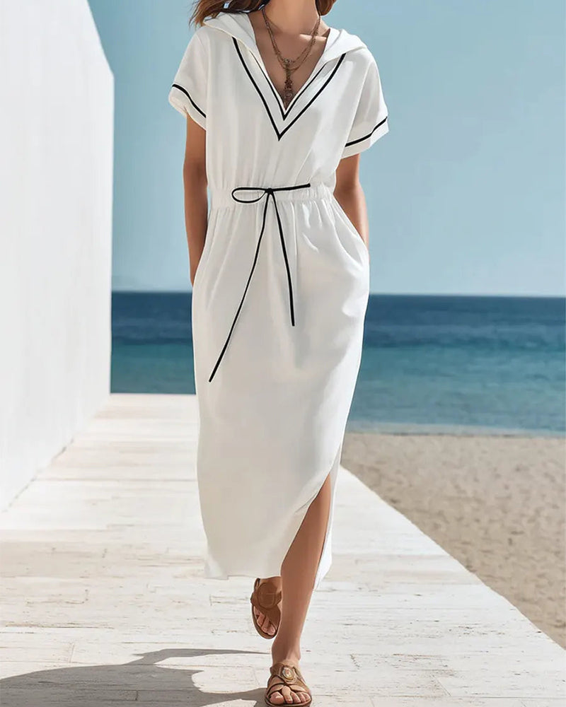 Color-Block Hooded Drawstring Waist Dress