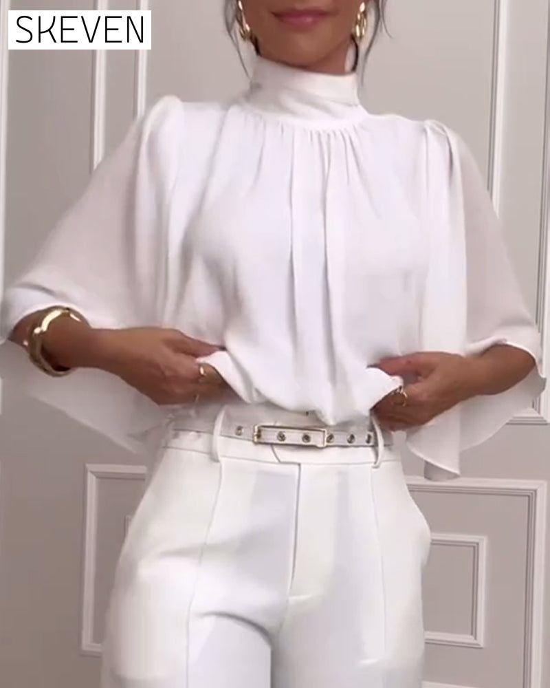 Solid color high collar  butterfly sleeve blouse