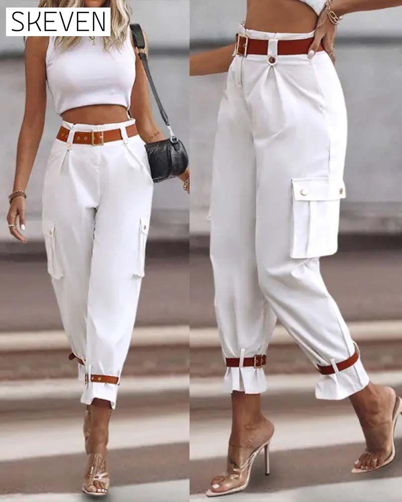 Solid color pocket casual cargo pants pants spring summer